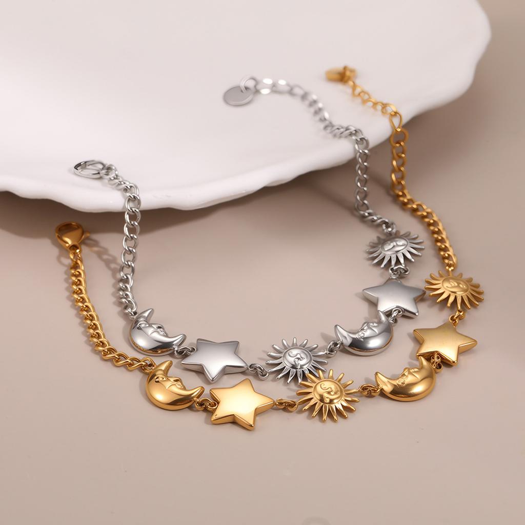 GEMCHIC Women's Stainless Steel Star Moon Sun Bracelet Fashion Luxury Jewelry for Women Hypoallergenic Titanium Steel