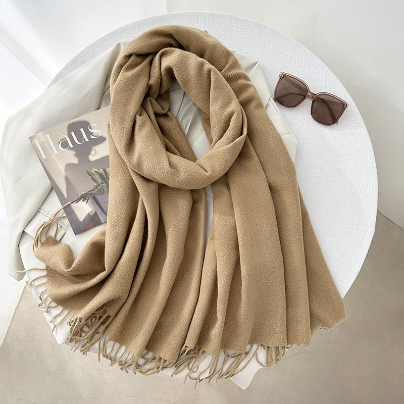 Scarf autumn and winter atmosphere solid color imitation cashmere women's temperament literary niche soft waxy warm fringed scarf shawl