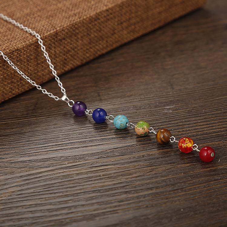 Seven-Color Stone Bead Pendant Yoga Mala Necklace with Charm