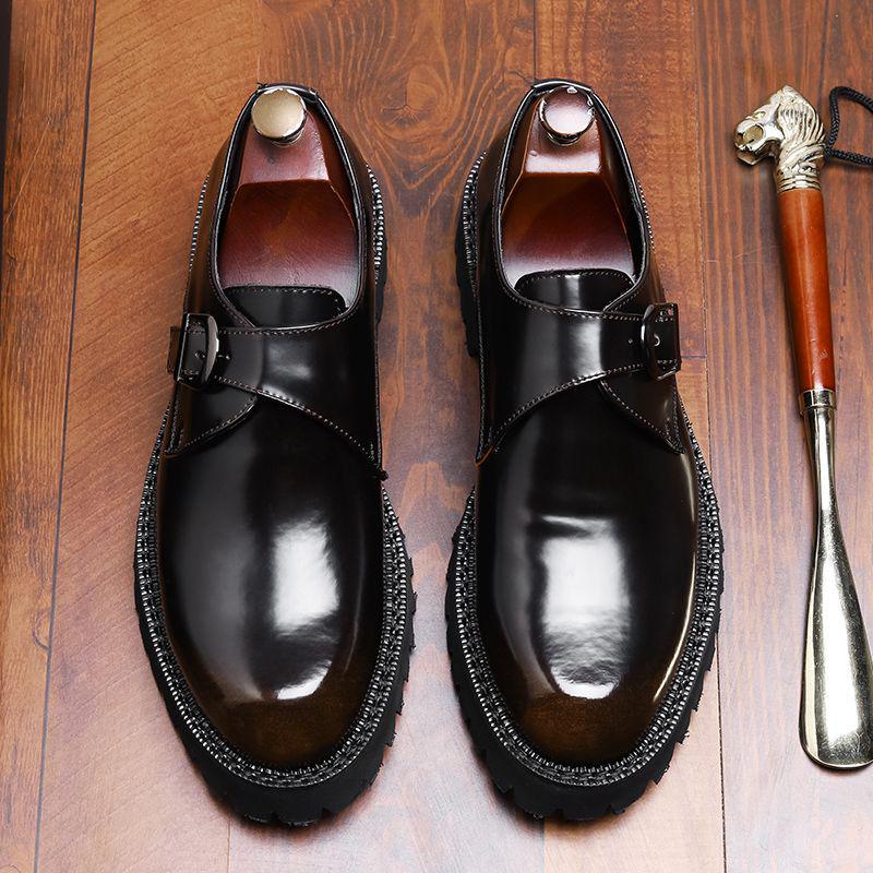 Men's British-Style Patent Leather Monk Shoes, Business Formal with Thick Sole for Height Increase, Ideal for Suits, Weddings, and Formal Occasions.