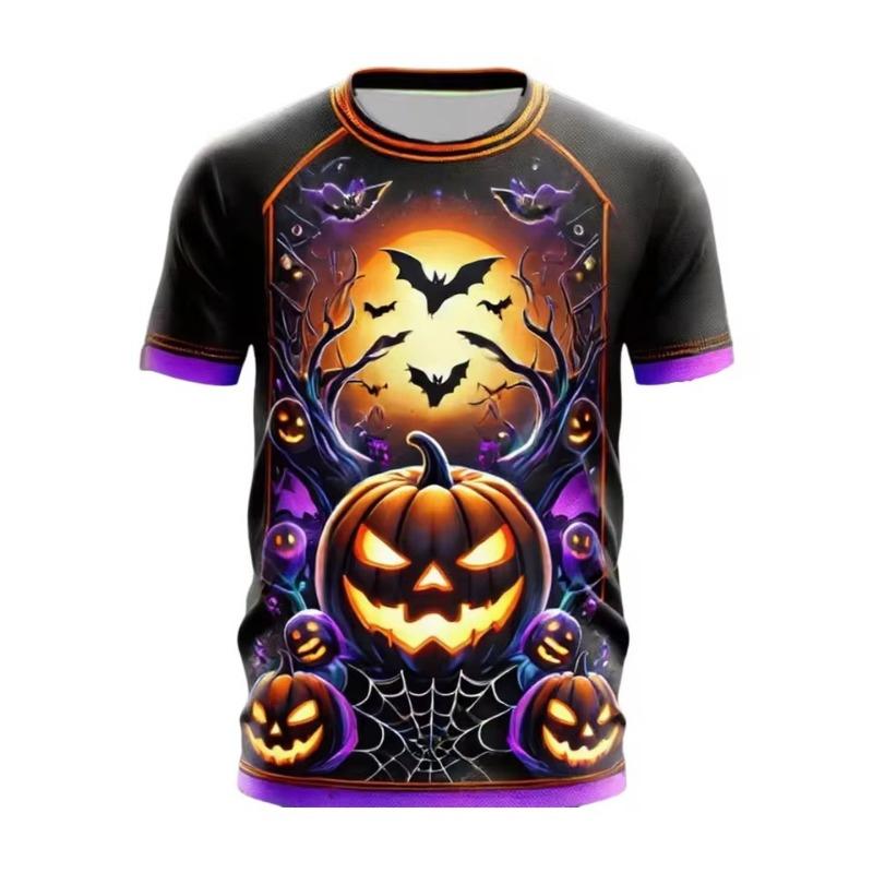 Herrenmode Halloween T-Shirt 3D Digitaldruck Horror Kürbis- und Totenkopfmuster Leuchtend Orange Lässiges Kurzarm-Oberteil