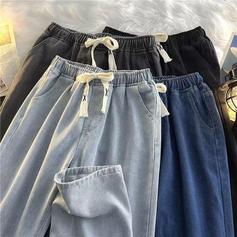 Modă Șnur Culoare Deschisă Jeans cu Talie Elastică Băieți Largi Drepți Modă Picior Larg Casual Mop Pantaloni Lungi