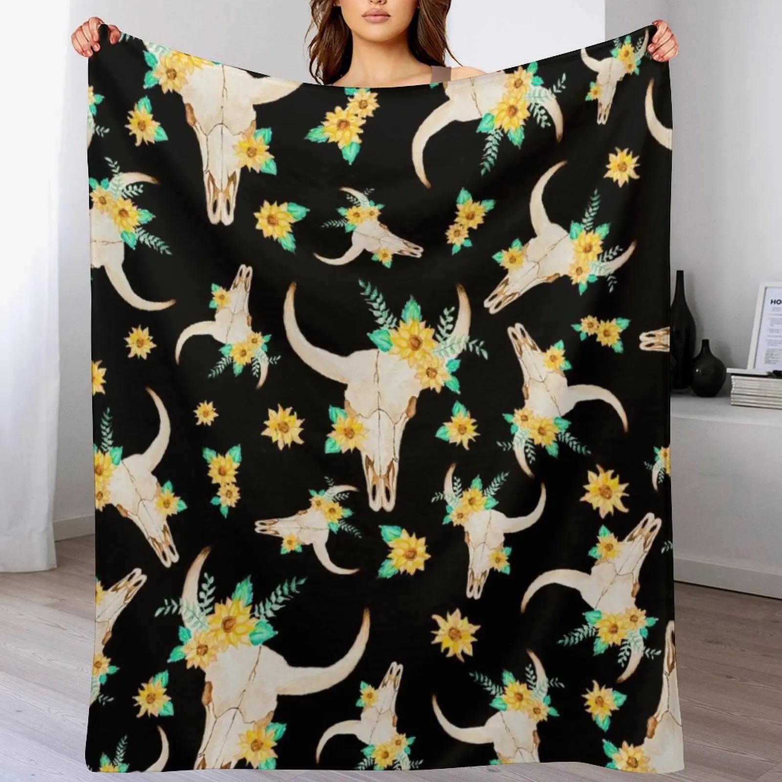 

Sunflower Bull Skull Black Throw Blanket Stylish Warm Blanket for Living Room Bedroom 102x76cm(40x30in)