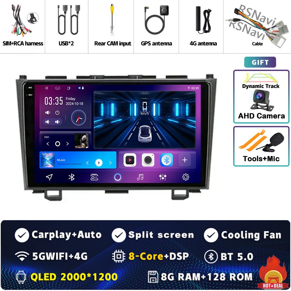 9" Android 14 Carplay Car Radio For Honda CR-V 3 RE CRV 2007 - 2011 Multimedia Video Player Navigation GPS Stereo 2Din DVD WIFI