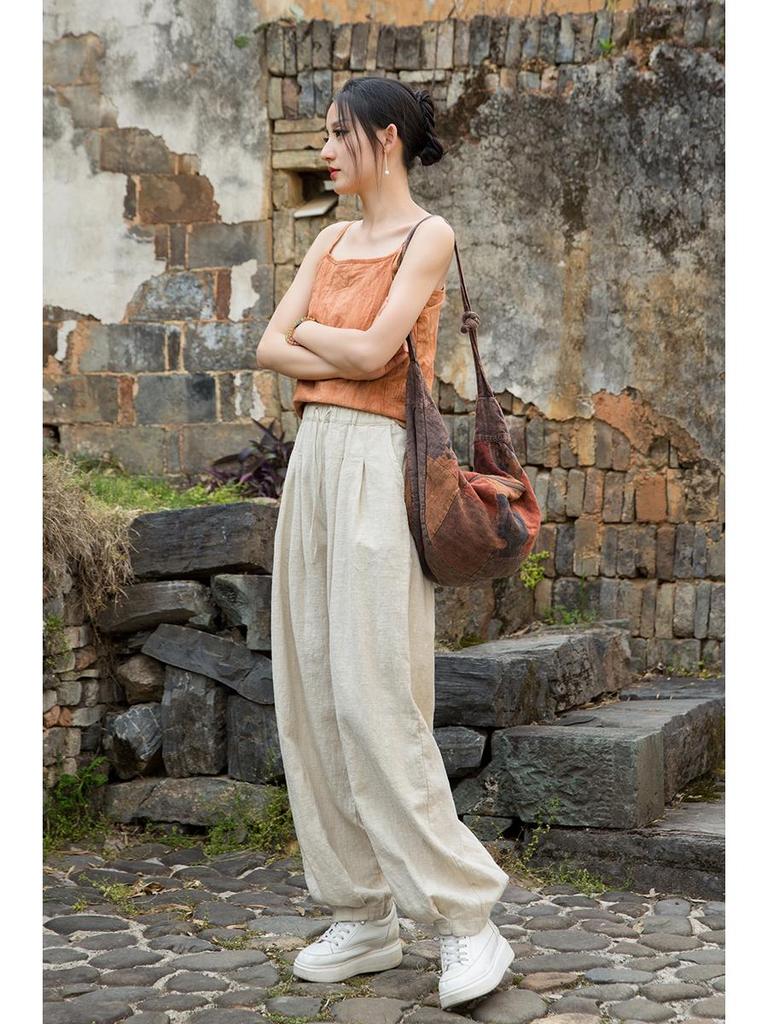 2025 Women's Summer Cotton Linen Ramie Sand-Washed Drawstring Lantern Pants - Distressed & Versatile