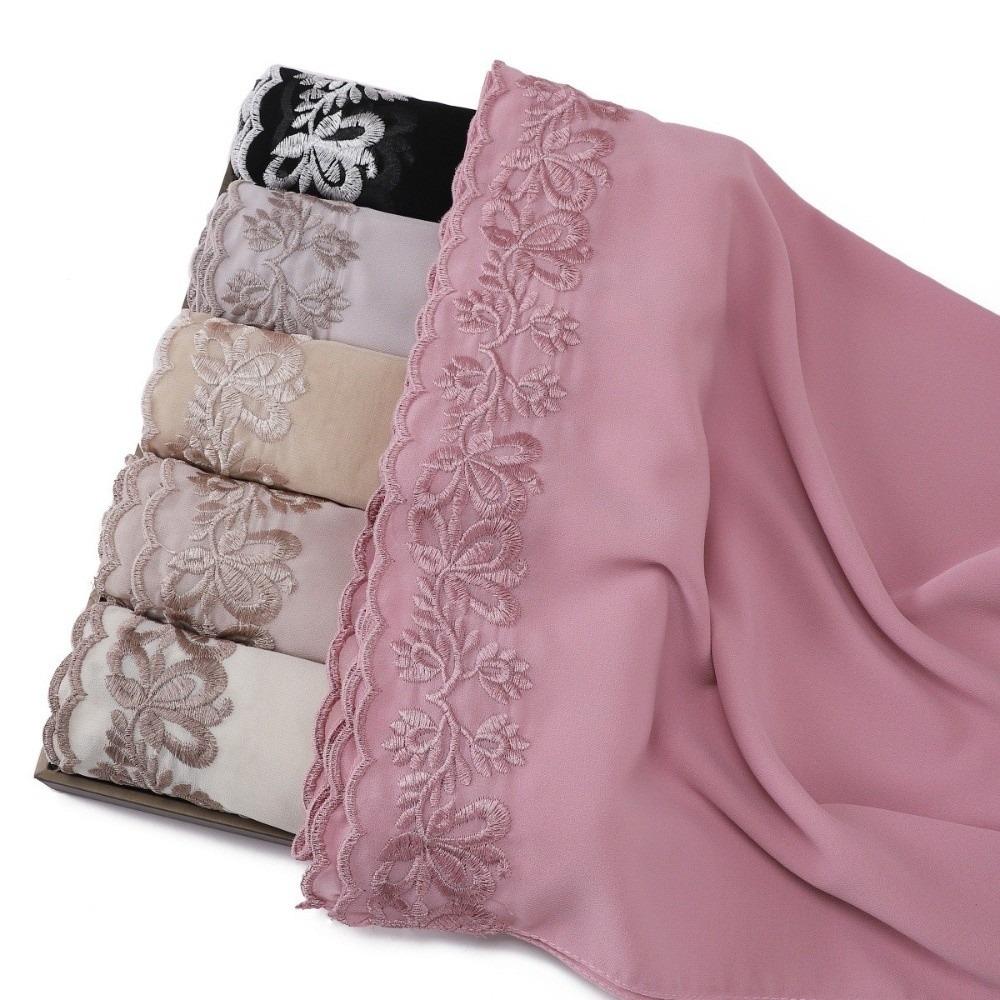 Versatile Elegant Women Hijab Thin Embroidered Edging Embroider Scarf Breathable Chiffon Headscarf Shawl Women Headwear