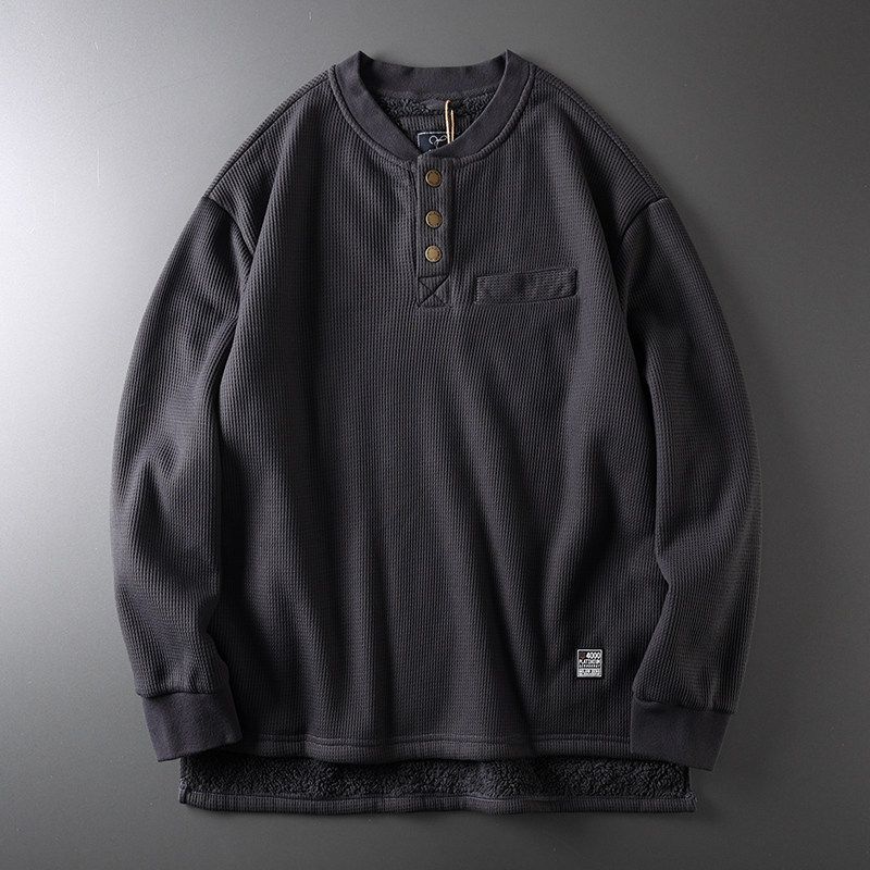 Henley Shirt Male Fleece-lined Thickened American Retro Export Export Original Outwear Heavy Weight Henry Collar Amekaji Sweatshirt Dark gray XL(82.5-95kg)