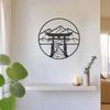 Wrought Iron Torii Gate Wall Art, Japanese Zen Metal Decor, Circular Asian Landscape Sculpture for Meditation Room