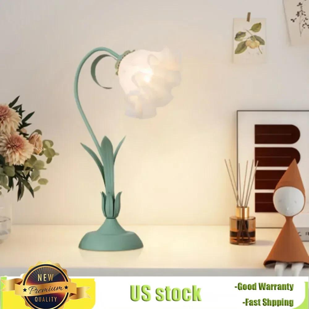 Bymaocar Green Table Lamp Flower Shape Handmade Light Lily Shaped Glass Desk Lighting with 4-way Rotary Switch & In-line Switch