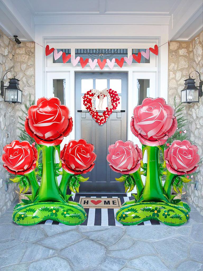 1pc-51 Inch Huge Vertical Red Rose Balloon, Pink Rose Foil Balloon, for Birthday Party, Valentine's Day