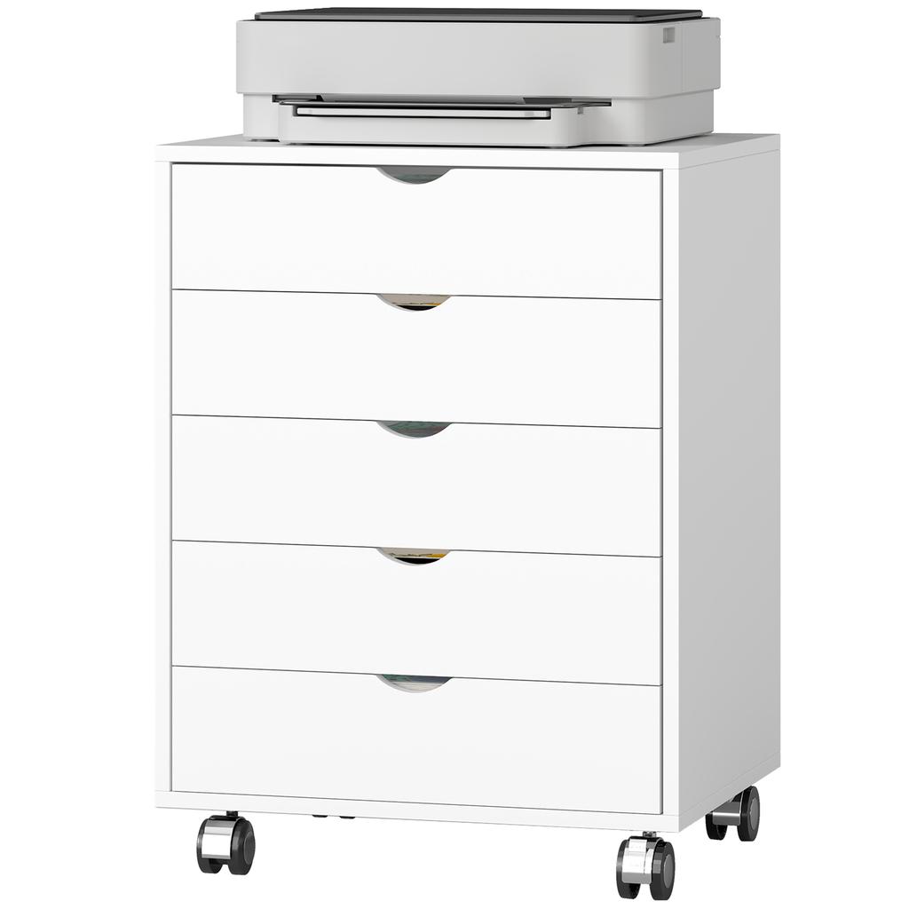 Mobile Office Pedestal, 5 Drawers, Rolling Storage for A3/Letter/A4, White