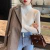 Womens Knit Sweater With Stand Collar And Spliced Design For Elegant Office Wear
