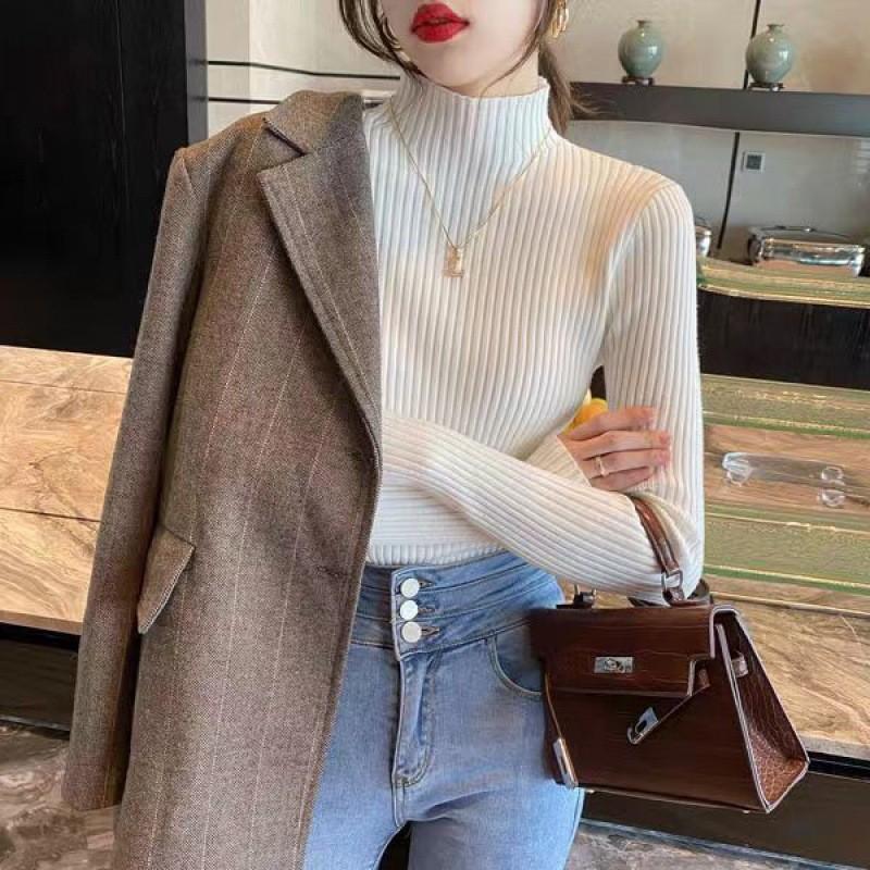 Womens Knit Sweater With Stand Collar And Spliced Design For Elegant Office Wear