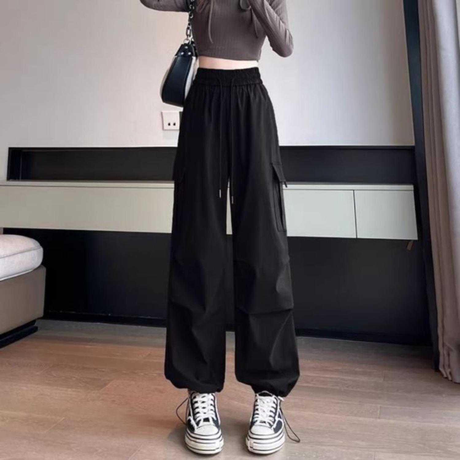 Women s Elastic Waist Cargo Pants Loose Fit Straight Leg Trousers Casual Multi-Pocket Sweatpants S