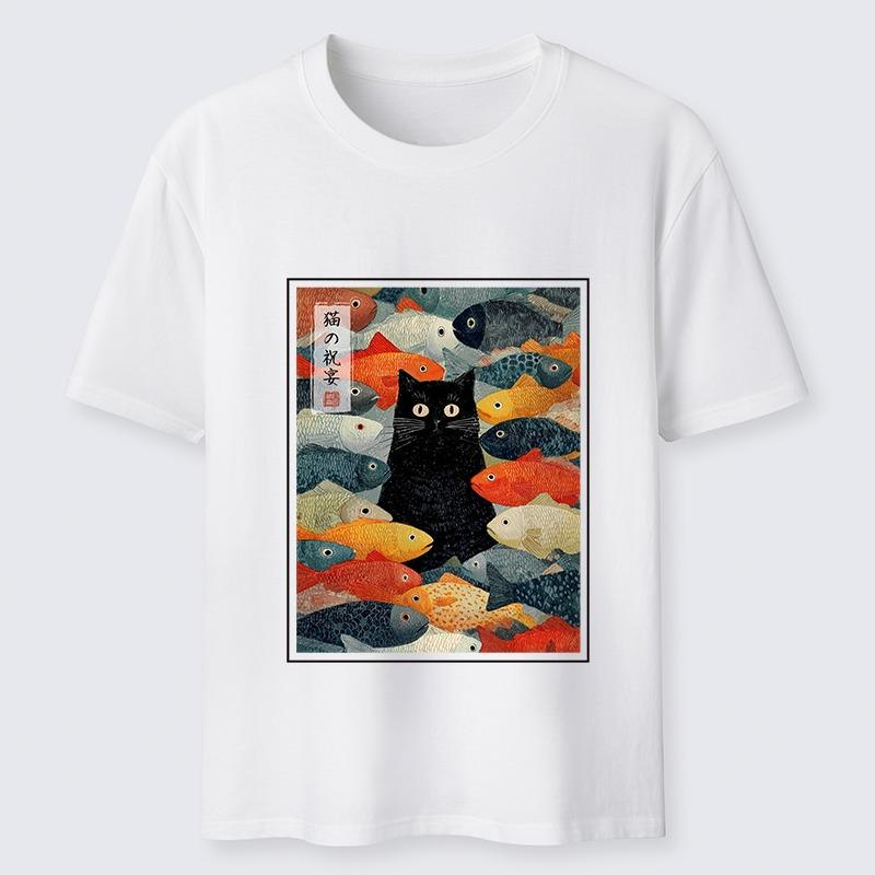 Men's The Cat's Feast of Fish Classic T-Shirt Holiday Summer Short Sleeve Round Neck Tees Casual Loose Multi Color Sports