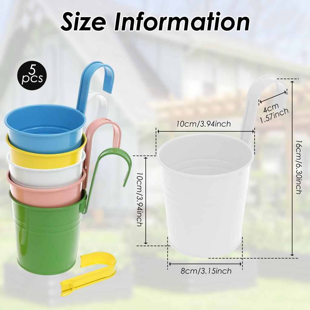 5Pcs Metal Hanging Flower Pots Hook Bucket Garden Planter Pots With Drainage Hole Balcony Garden Office Planter Home Decor