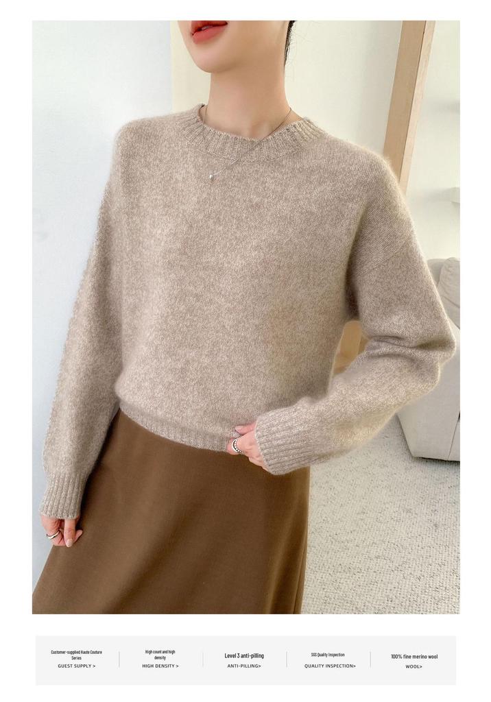 Women's Heather Yarn 100% Wool Round Neck Knit Pullover - Seven-Stitch, Long Sleeve, Lazy Style Base Layer