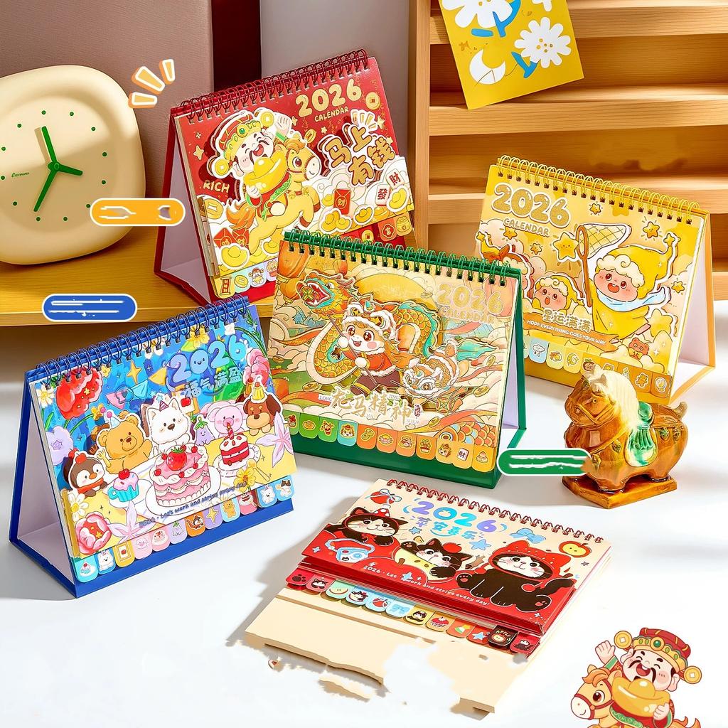 Chinese Style 2026 Rotating Desk Calendar Coil Binding Panda Horse Year Calendar Cartoon Month Date Display Monthly Planner
