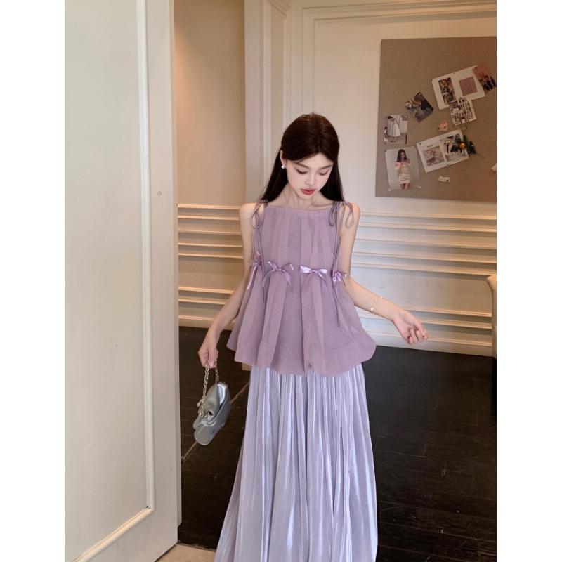 2026 Elegant Maternity Summer Set: Bowknot Camisole Top & Skirt Medium