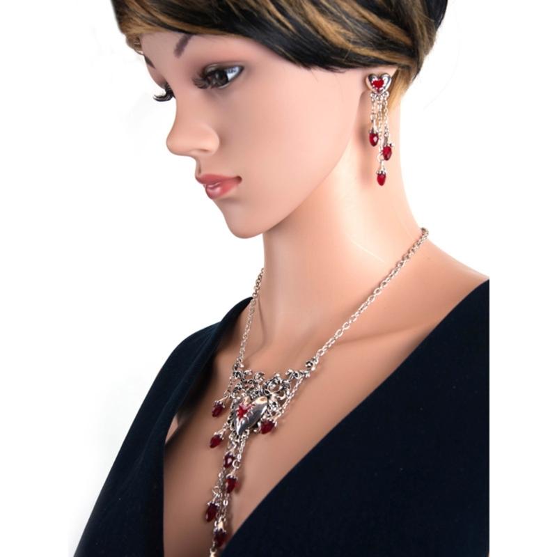 1 Set Niche Design Sense Red Dripping Diamonds Necklace Love Heart Earrings Halloween Christmas Fashion Retro Earrings