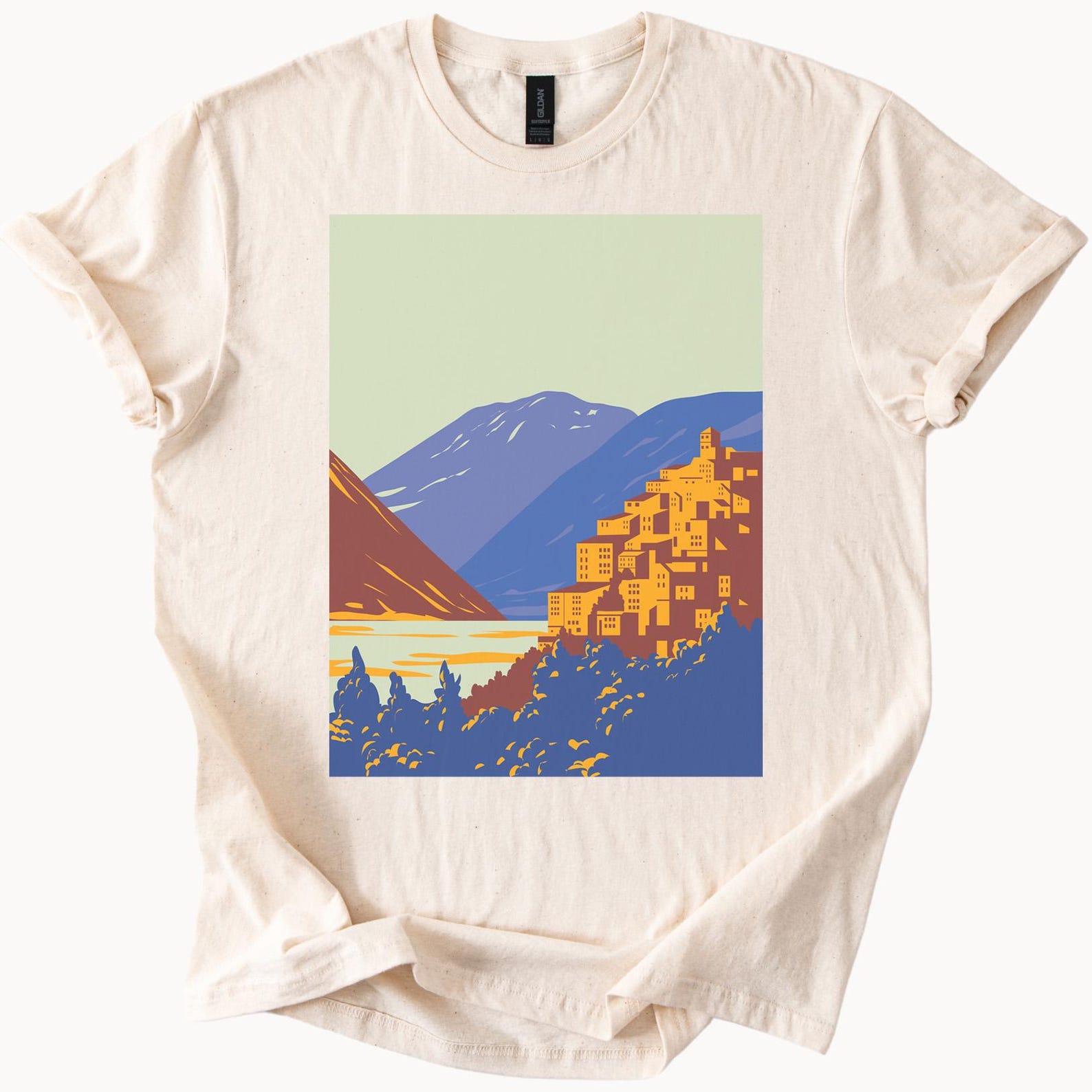 Mountain Lake Village Art Graphic Shirt Nature Scene Tee 60s Style 100