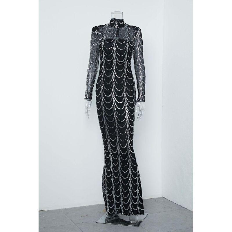 Long Sleeve Evening Party Dress Sequins Women Maxi Dress