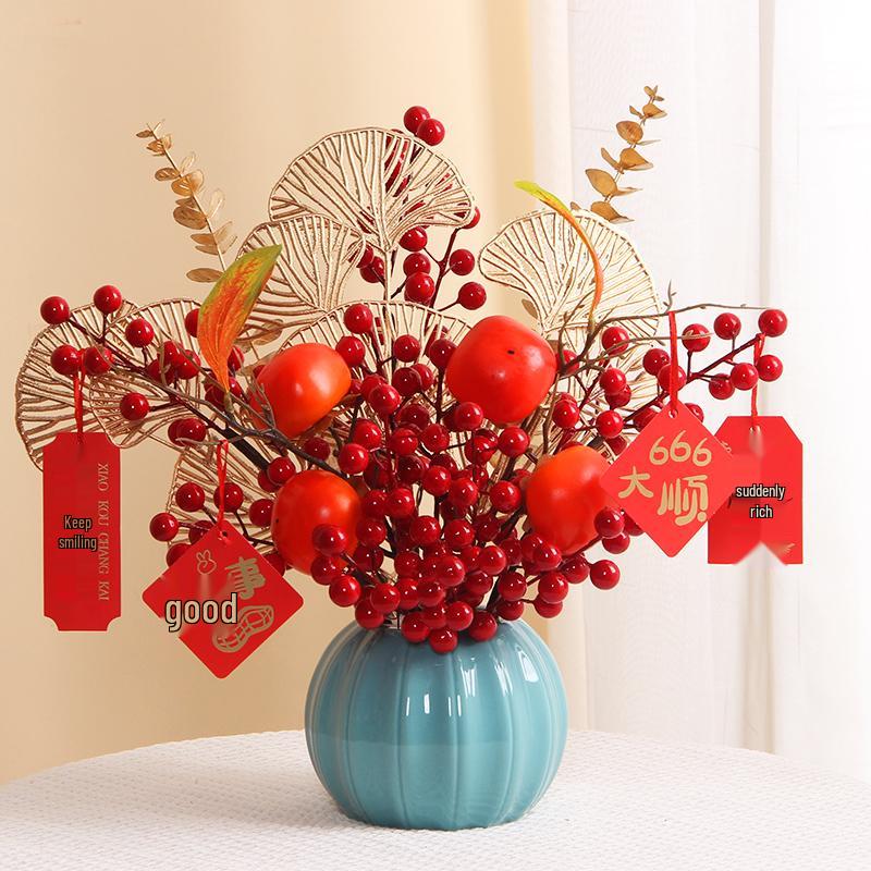 Luxurious Chinese-Style Pomegranate Fruit Arrangement: Faux Red Berries & Flowers for Living Room or Restaurant Decor