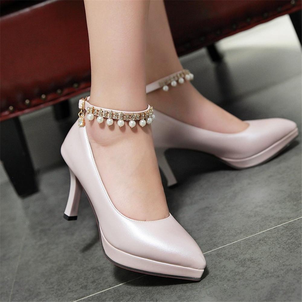 Fashion Women Pointed Heels Female Beaded Ankle Strap High Heel Shoes Platform Bottom Pumps Woman White Dress Wedding Shoes Size 33-43