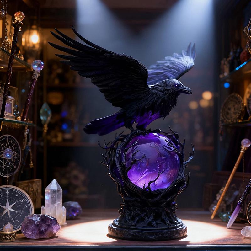 "Raven's Moonlight" Gotische Led Lamp – Mysterieuze Kraai Op Gloeiende Bol Sculptuur, 3D Holle Lantaarn Met Violet Licht