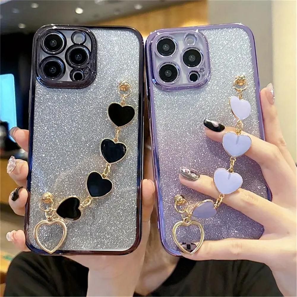 Luxury Glitter Plating Love Heart Bracelet Phone Case For Samsung Galaxy M55 M54 M34 M14 M53 M52 M51 M23 M33 M21 M31 F15 Cover