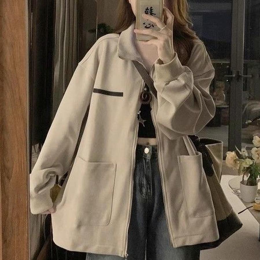 

American Style Windbreaker Jacket with Large Pockets and Stand-up Collar for Men and Women, Loose Casual Overcoat 2XL абрикосовий