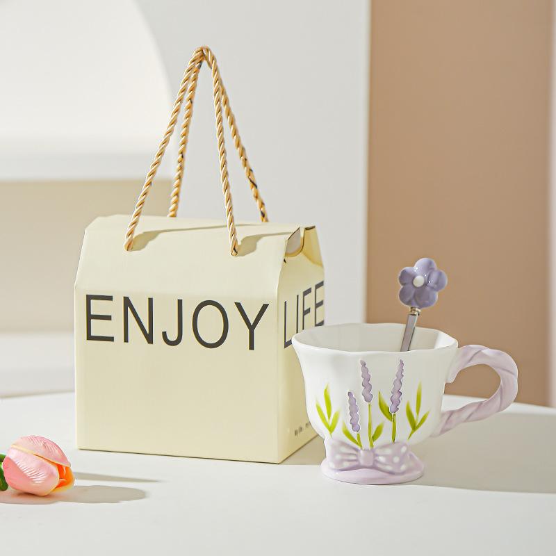 Tulip Ceramic Cup Hand Painted Relief High Looking Coffee Cup Mug Girl Heart Home Water Cup Souvenir