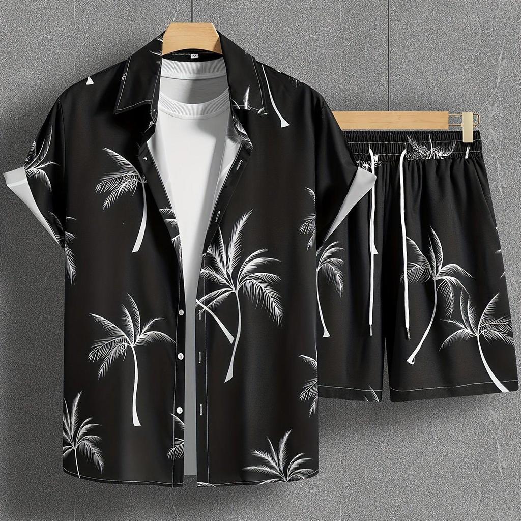 Set da uomo a maniche corte e pantaloncini da spiaggia con stampa albero di cocco Estate Quotidiano Camicia casual da uomo e pantaloni da spiaggia