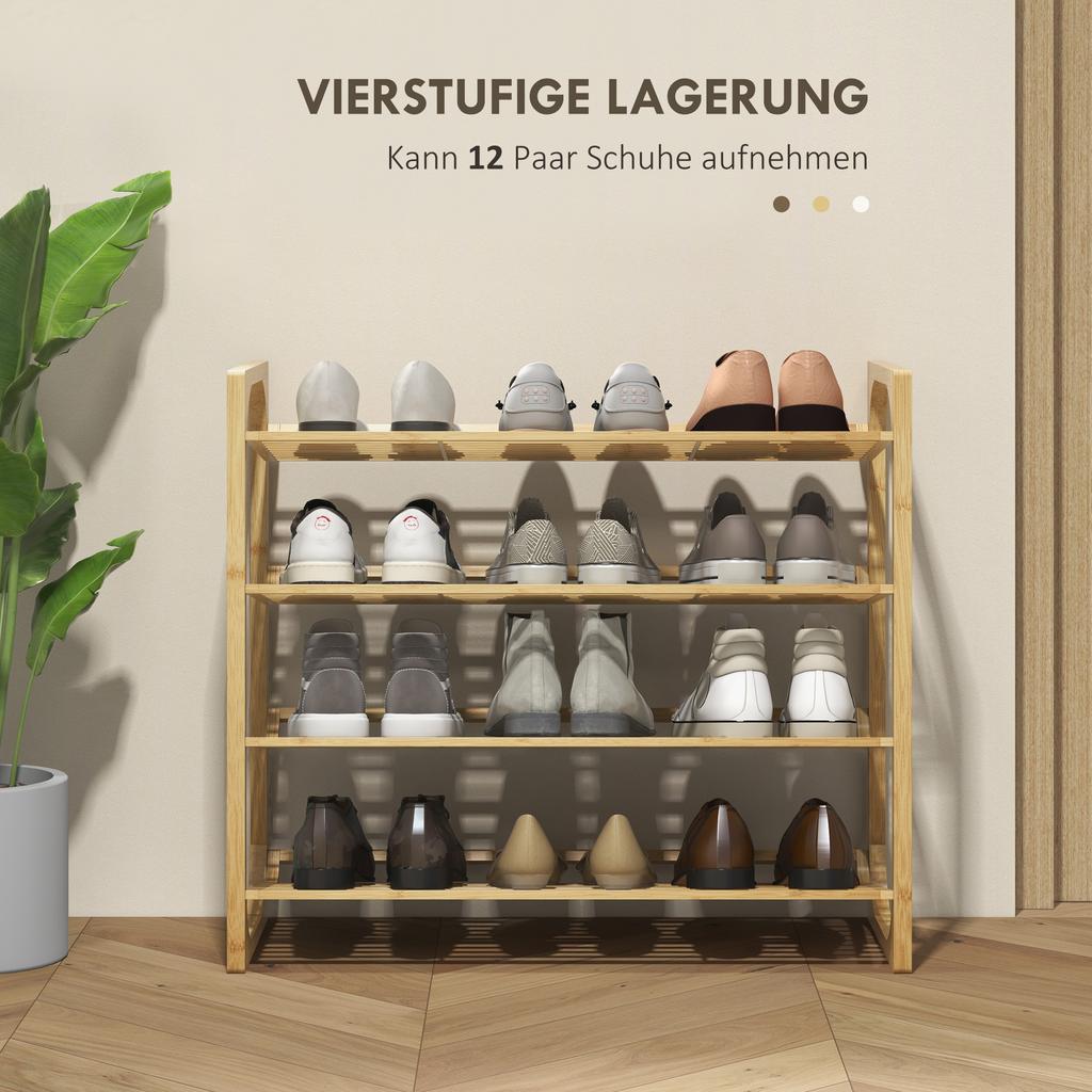 Bamboo Shoe Rack, 15.5 Cm Shelf Height, Ventilated Slat Design, 76 X 33 X 67 Cm, Natural Wood Effect