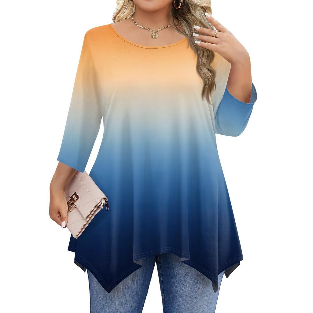 Dámská trička s 3/4 rukávem plus size, tunikové topy s kulatým výstřihem, základní volný střih, trička L-5XL