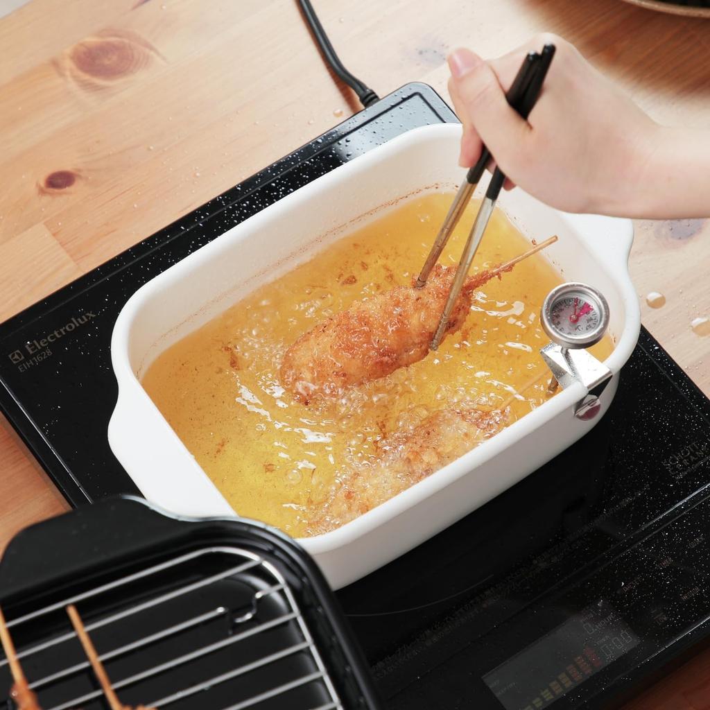 Fuji Enamel Square Tempura Pan, Wide, with Stainless Steel Chopsticks Set (TP-22K.W) - Large Size, Square Enamel Fryer, Thermometer, and Rack