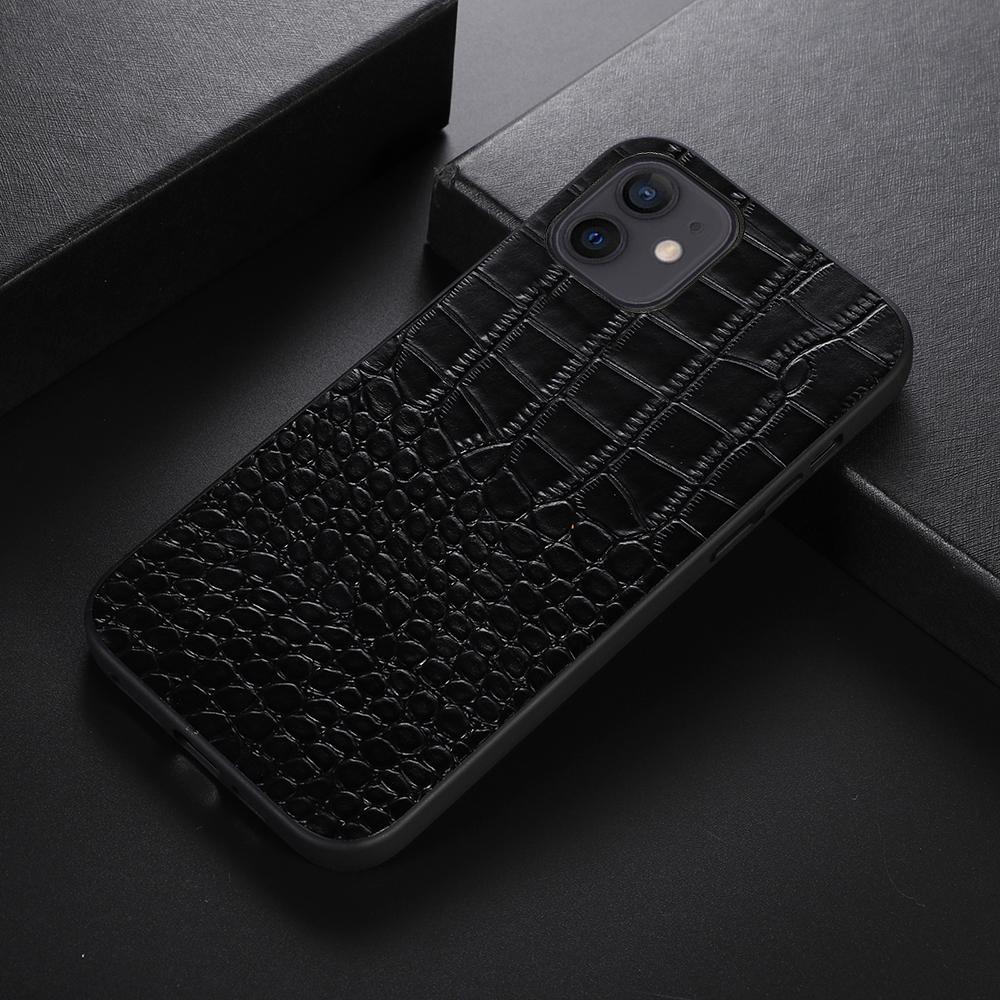 

For iPhone 11 6.1 inch Genuine Cowhide Leather Coating PC+TPU Case Fashionable Crocodile Texture Mobile Phone Cover Coffee