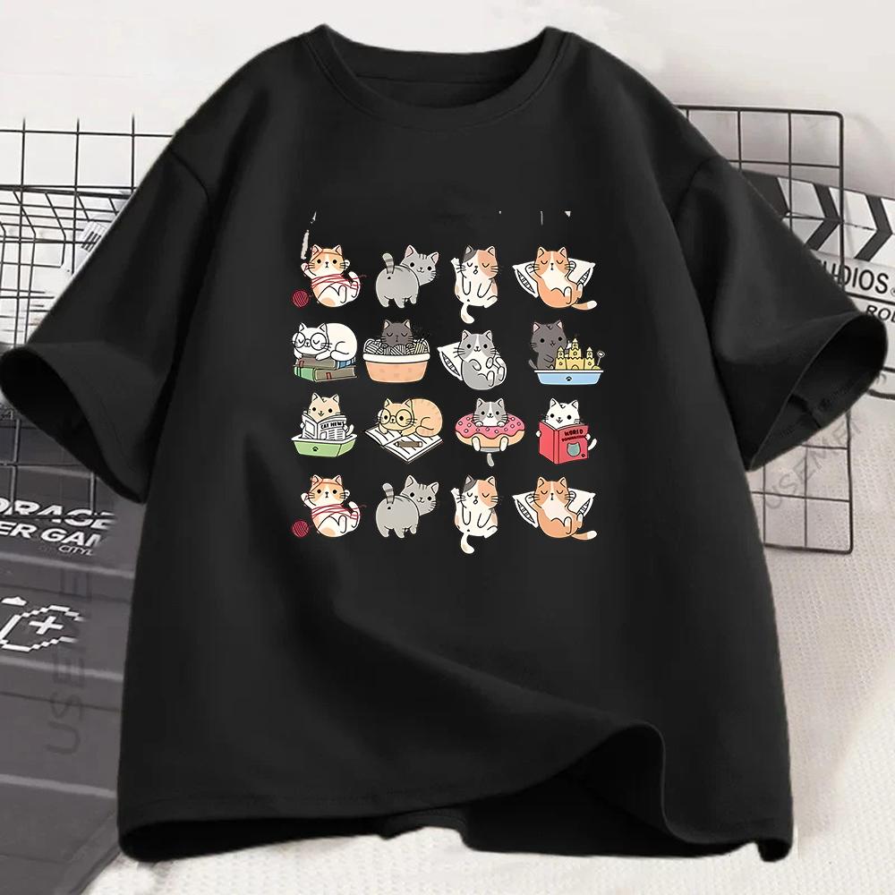 Cute Cartoon Cats Graphic Tshirt Kawaii Animal Print Tee Summer Short Sleeve Casual Fashion Top for Unisex Girls Kids