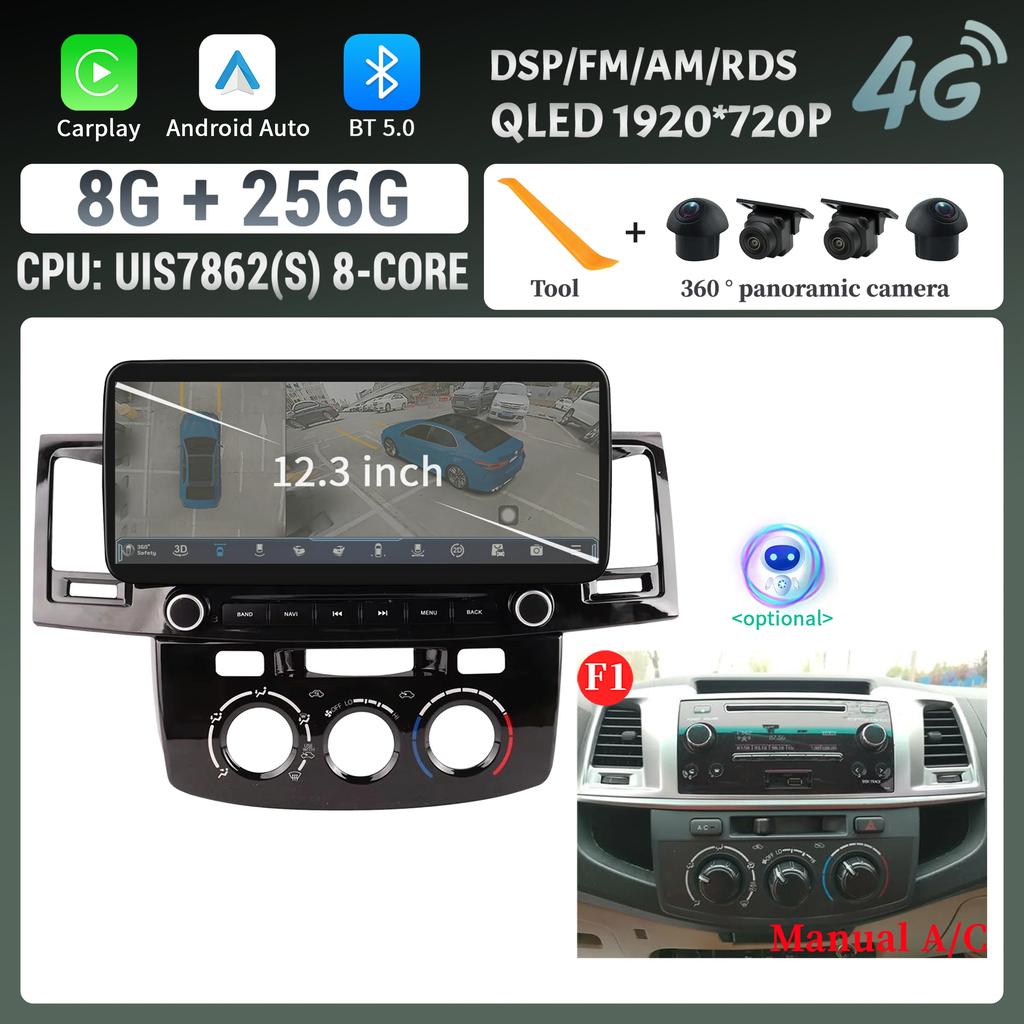 12.3″Car Radio Multimedia 4G GPS For Toyota Hilux 2005-2014 Android 14 Navigation Wireless Carplay Bluetooth Touch Screen