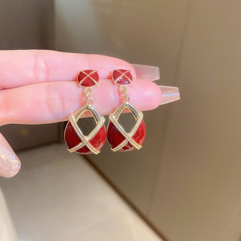 Square love red earrings literary and artistic fan temperament retro stud earrings New Year's earrings women