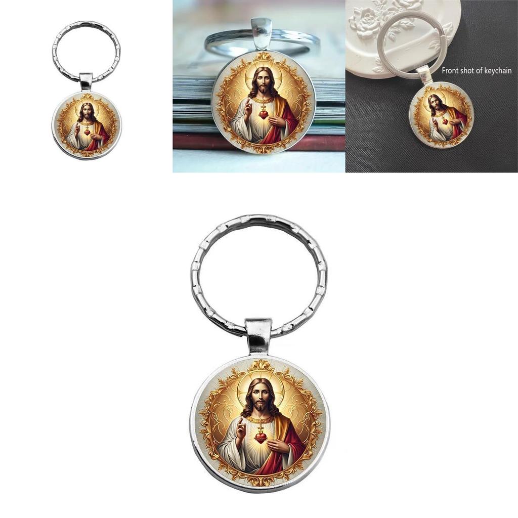 Heart Jesus Character Glass Keyring With Alloy Decor For Party Gifts And Celebrations