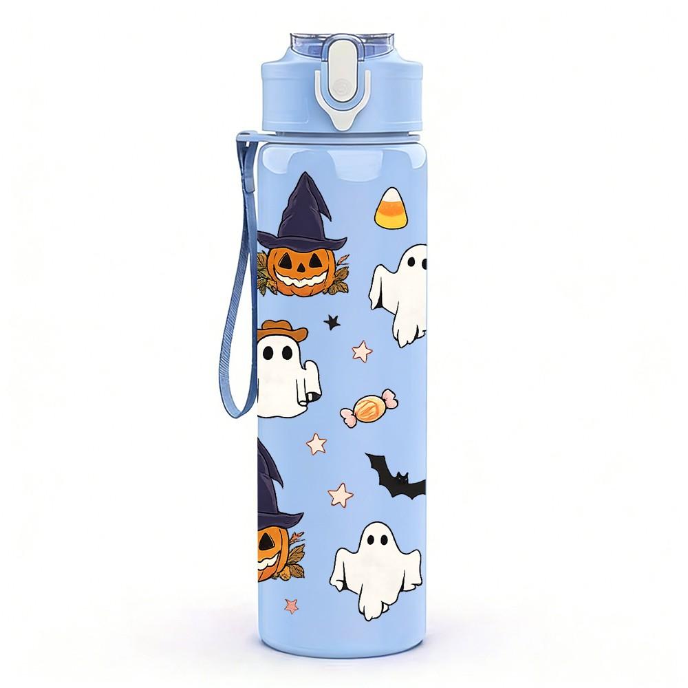 1PC Halloween Witch Ghost Pattern Print 750ml Color Plastic Sports Water Bottle Leakproof Flip Straw Lid Suitable for Sports Office Home Use
