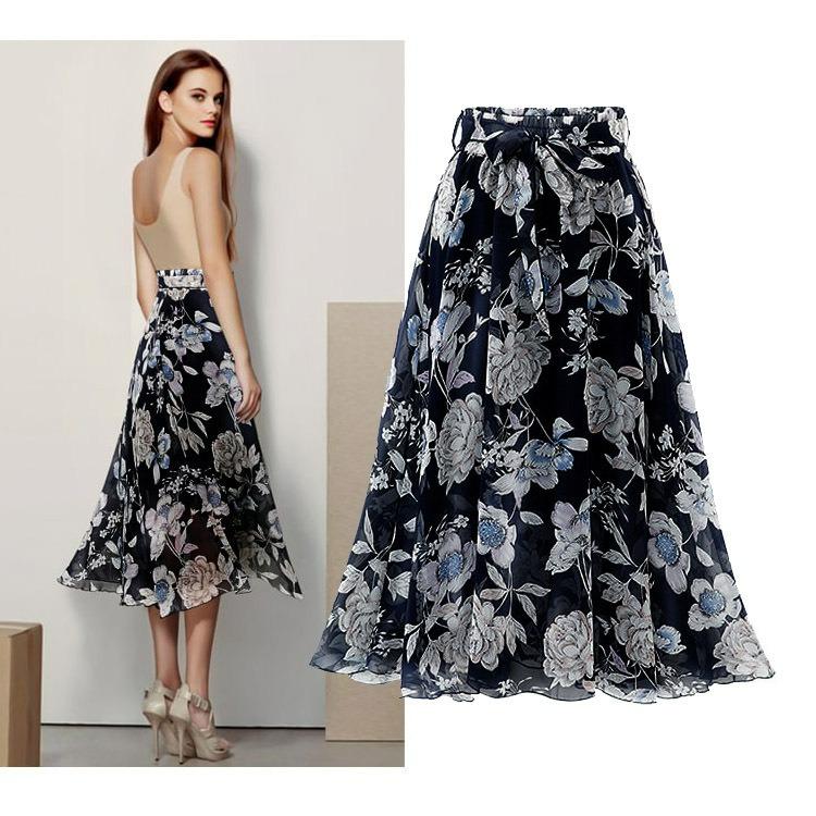 Chiffon Skirt Women's Summer Plus Size Mid-length Floral Skirt Mid-length Skirt Was Thin A-line Gauze Skirt