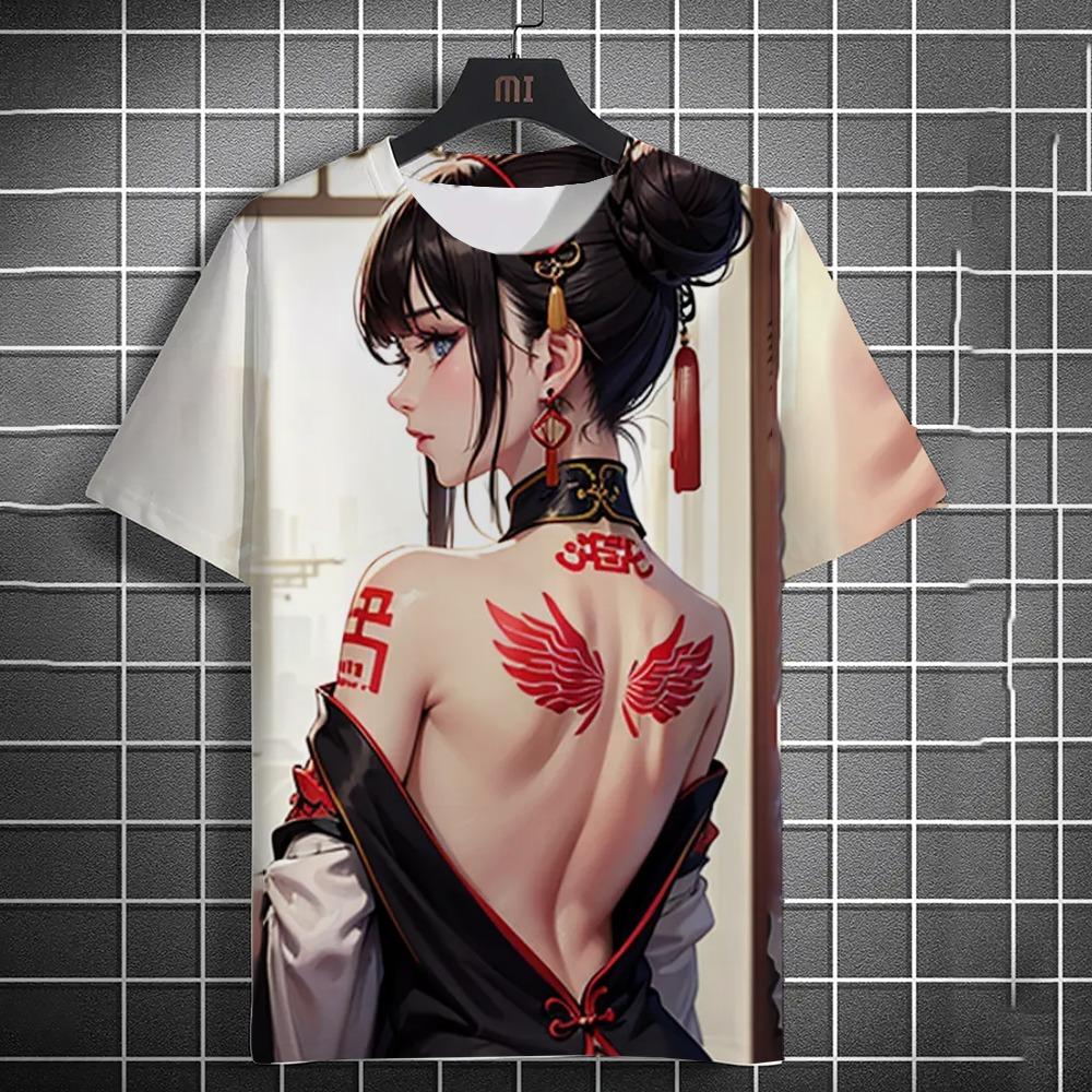 Men's T-shirt 3D printed anime goddess back tattoo print T-shirt casual loose short sleeved T-shirt men's home clothing top