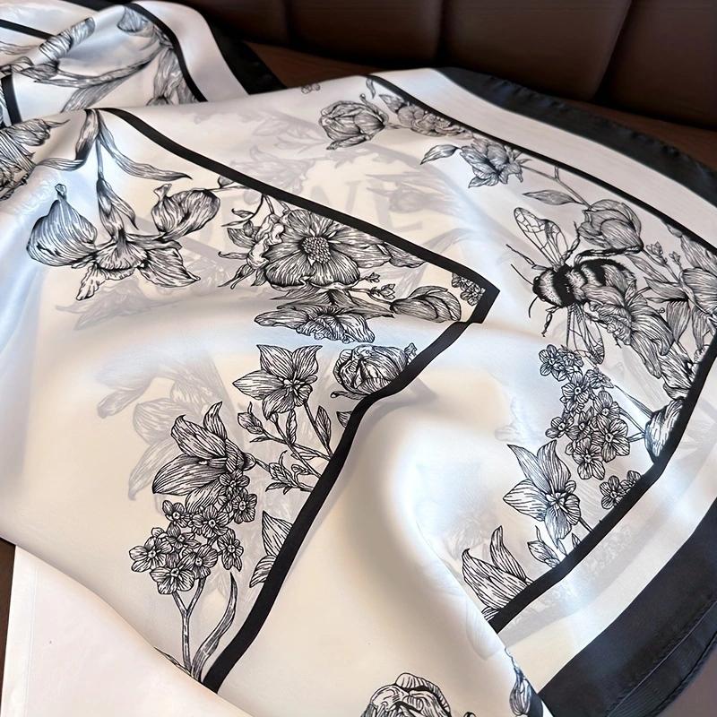 70cm Black White Floral Pattern Scarf Literary Floral Temperament Kerchief Clothes Accessory Scarves Shawl Sun Protection Scarf