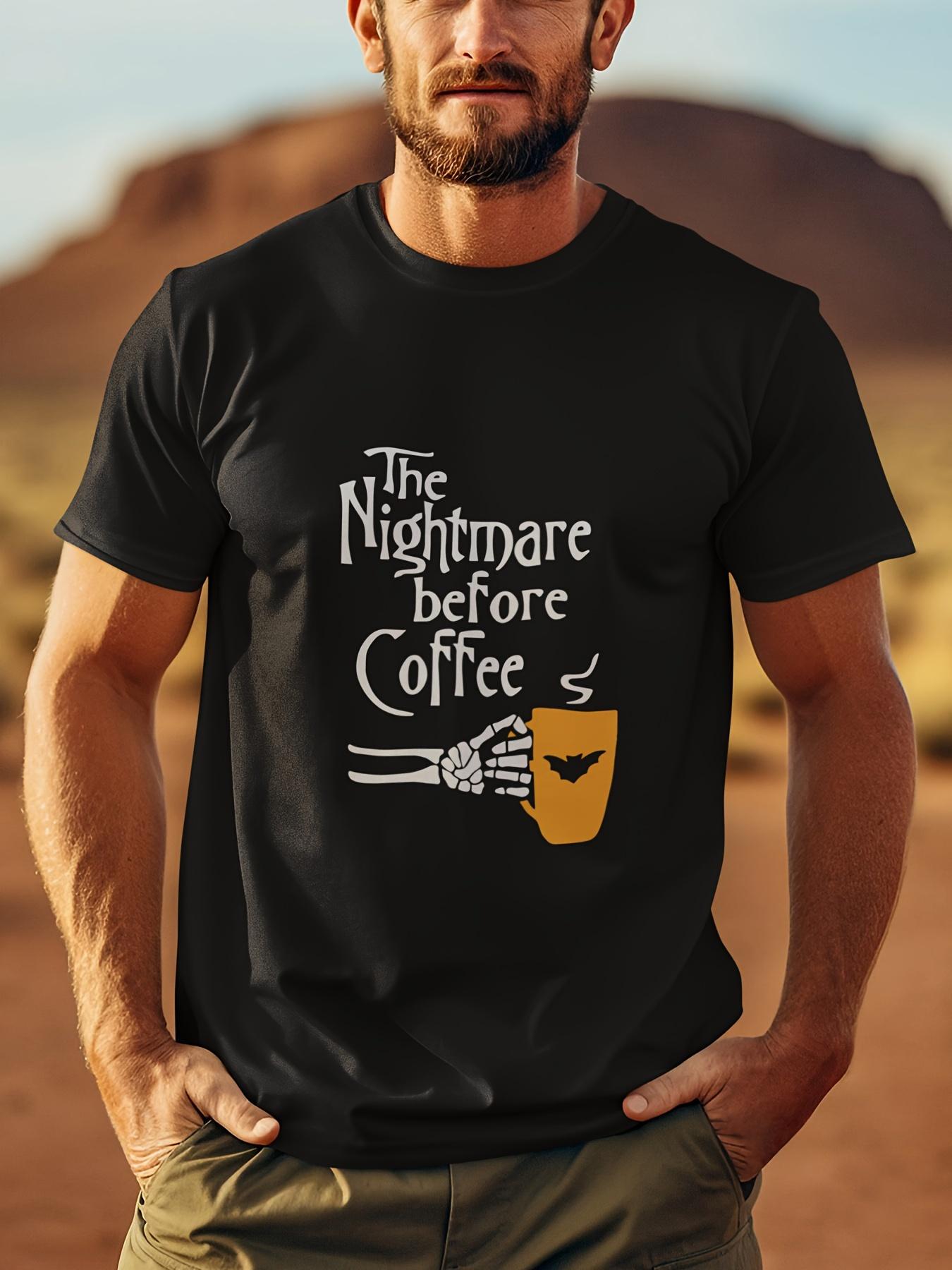 The Nightmare Before Coffee Graphic T-shirt - Breathable Short Sleeve Round Neck Tee with Skull & Bat Design S