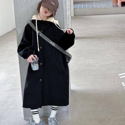Girls' Woolen Trench Coat - 2025 Spring/Autumn Fashion, Thick Long Outerwear for Big Kids