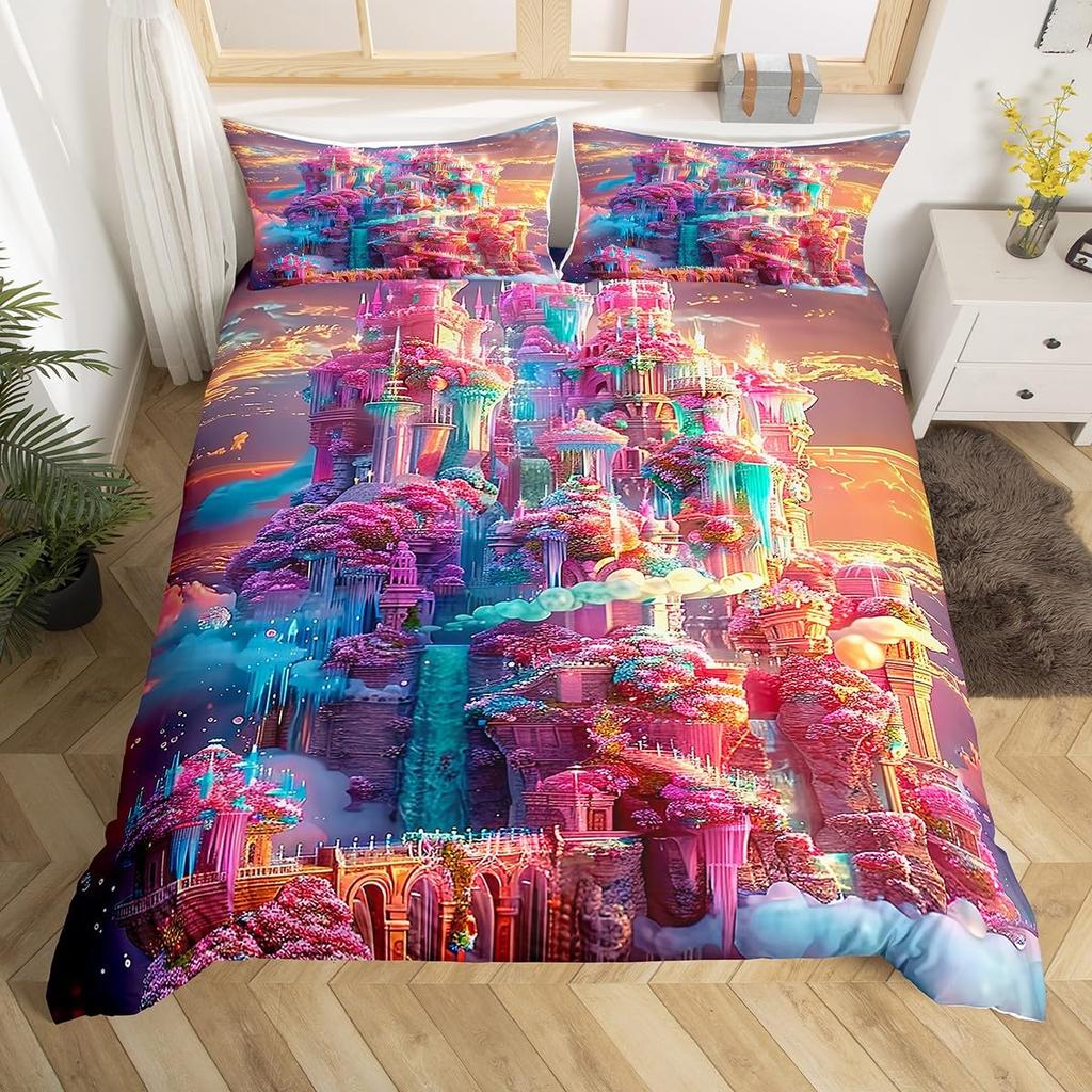 Castle Duvet Cover Sets For Girls Queen Twin Size Lightweight Down Quilt Covers Room Decor 2 Pillowcases 1 Duvet Cover No Quilt