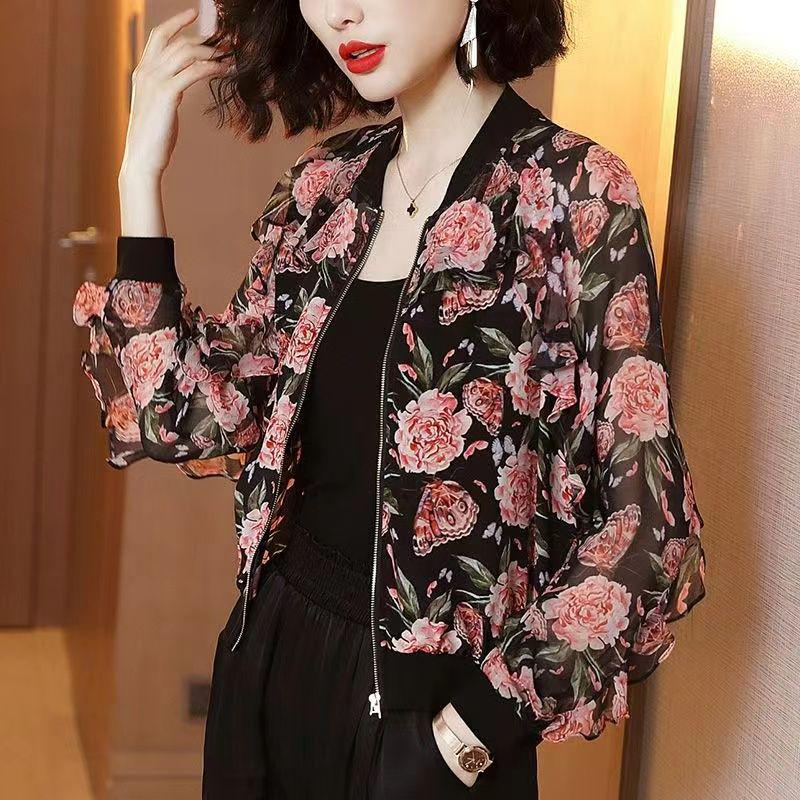 2025 Summer Plus Size Chiffon Cardigan - Women's Printed Long Sleeve Sun Protection Jacket for Middle-aged Moms