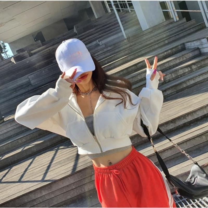 Korejská šik mikina s kapucí na zip Dámská móda Kpop Ležérní Jednobarevné Ustřižené Mikiny s kapucí Tenký top s dlouhým rukávem Y2k Streetwear